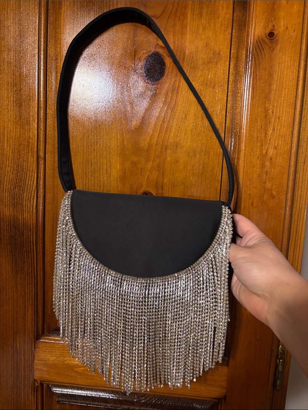 Forever 21 Black Fringe Evening Bag with Silver Crystal Trim 8X5 inches - Picture 2 of 4